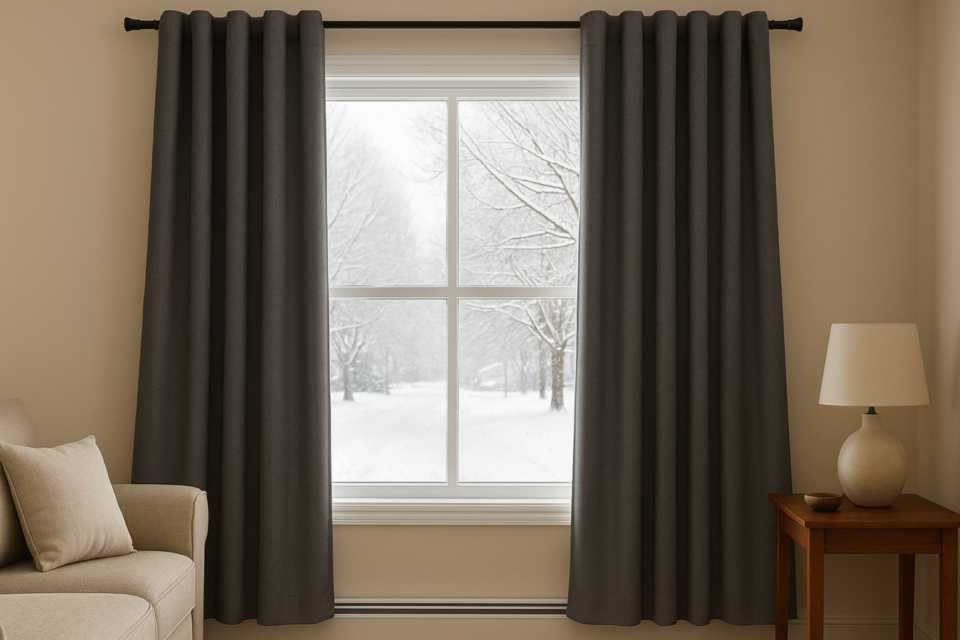Термоштори на великому вікні у зимовому інтер’єрі