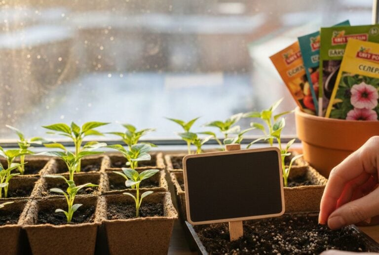 Молода розсада перцю та баклажанів у торф'яних стаканчиках на підвіконні на фоні зимового вікна.