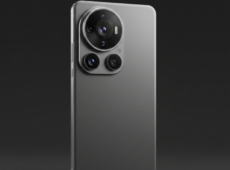 Задня панель флагманського смартфона 2026 року в титановому корпусі з масивним блоком професійних камер на темному фоні, студійне освітлення.