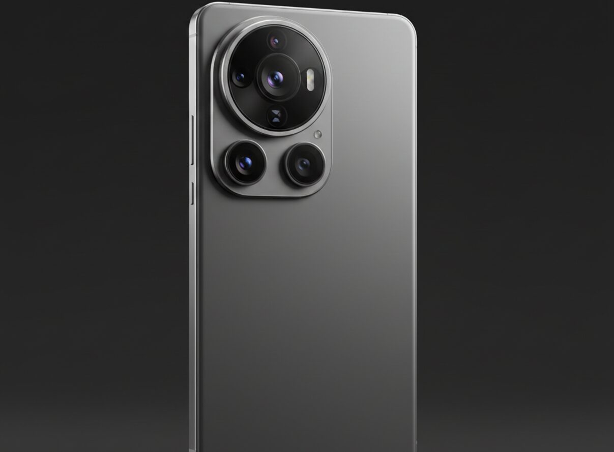 Задня панель флагманського смартфона 2026 року в титановому корпусі з масивним блоком професійних камер на темному фоні, студійне освітлення.