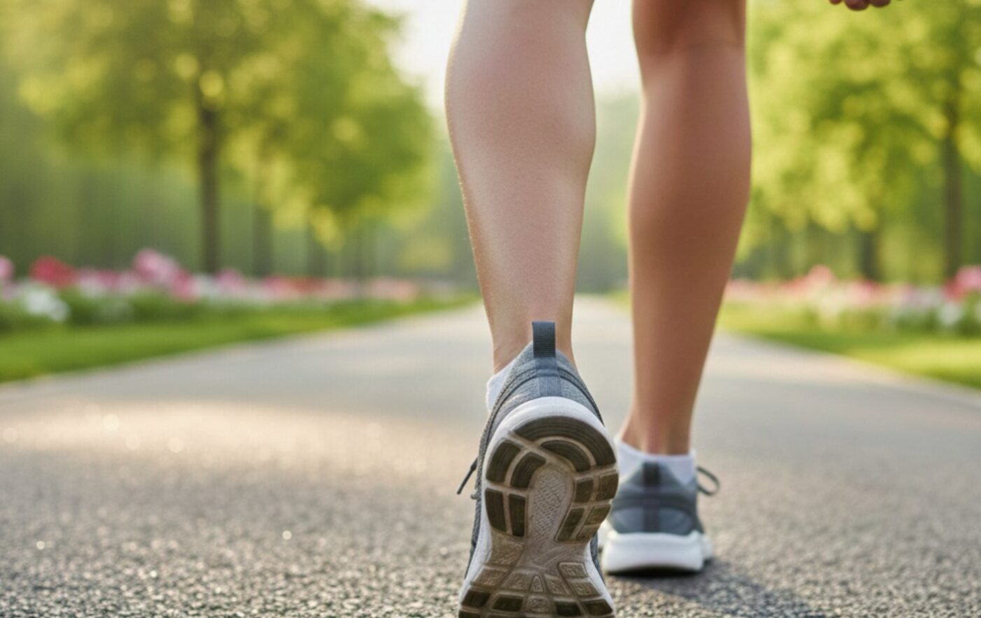 Людина в кросівках іде по сонячній парковій алеї, вигляд ззаду на рівні ніг, ранкове світло, концепція здорової прогулянки.