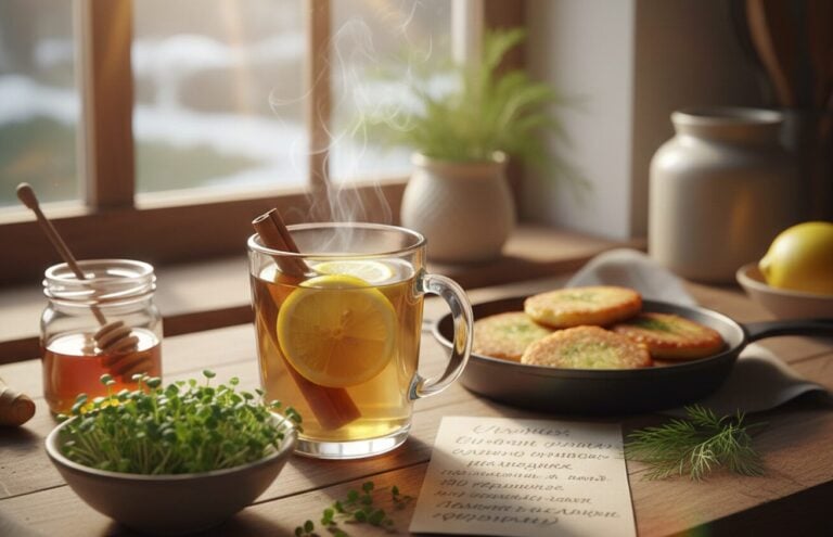 Ранковий стіл на фоні вікна: чашка теплого чаю з лимоном, свіжа мікрозелень у піалі та деруни на чавунній пательні.