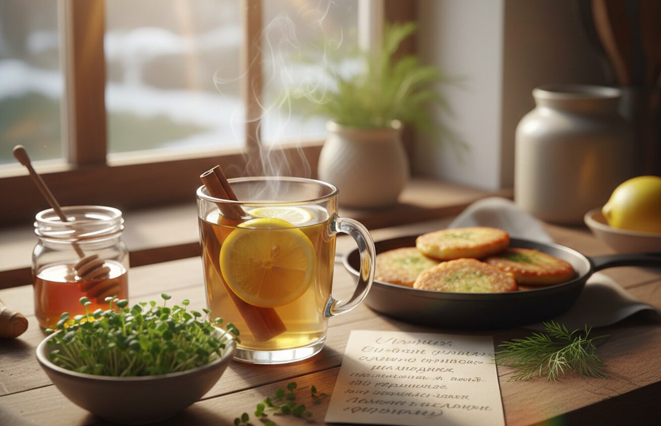 Ранковий стіл на фоні вікна: чашка теплого чаю з лимоном, свіжа мікрозелень у піалі та деруни на чавунній пательні.