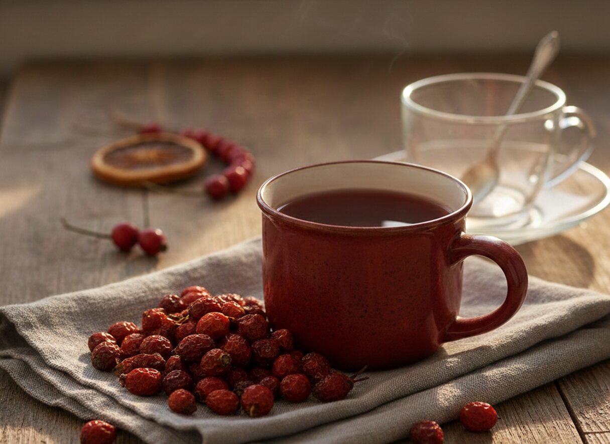 Горнятко гарячого вітамінного напою з шипшини на дерев'яному столі поруч із розсипаними сухими плодами на лляній серветці.