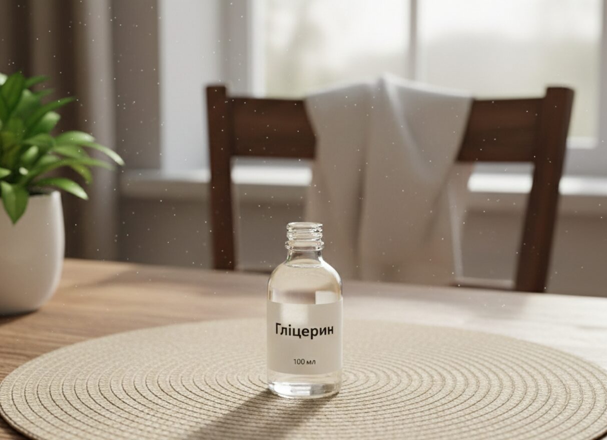 Скляний флакон аптечного гліцерину на дерев'яному столі в чистій сонячній кімнаті, символ домашнього затишку та чистоти.
