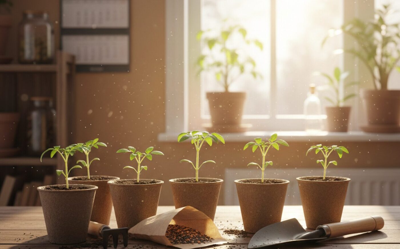 Торф'яні горщики з розсадою помідорів на дерев'яному столі біля сонячного вікна в березні, насіння та садовий інвентар для посіву.