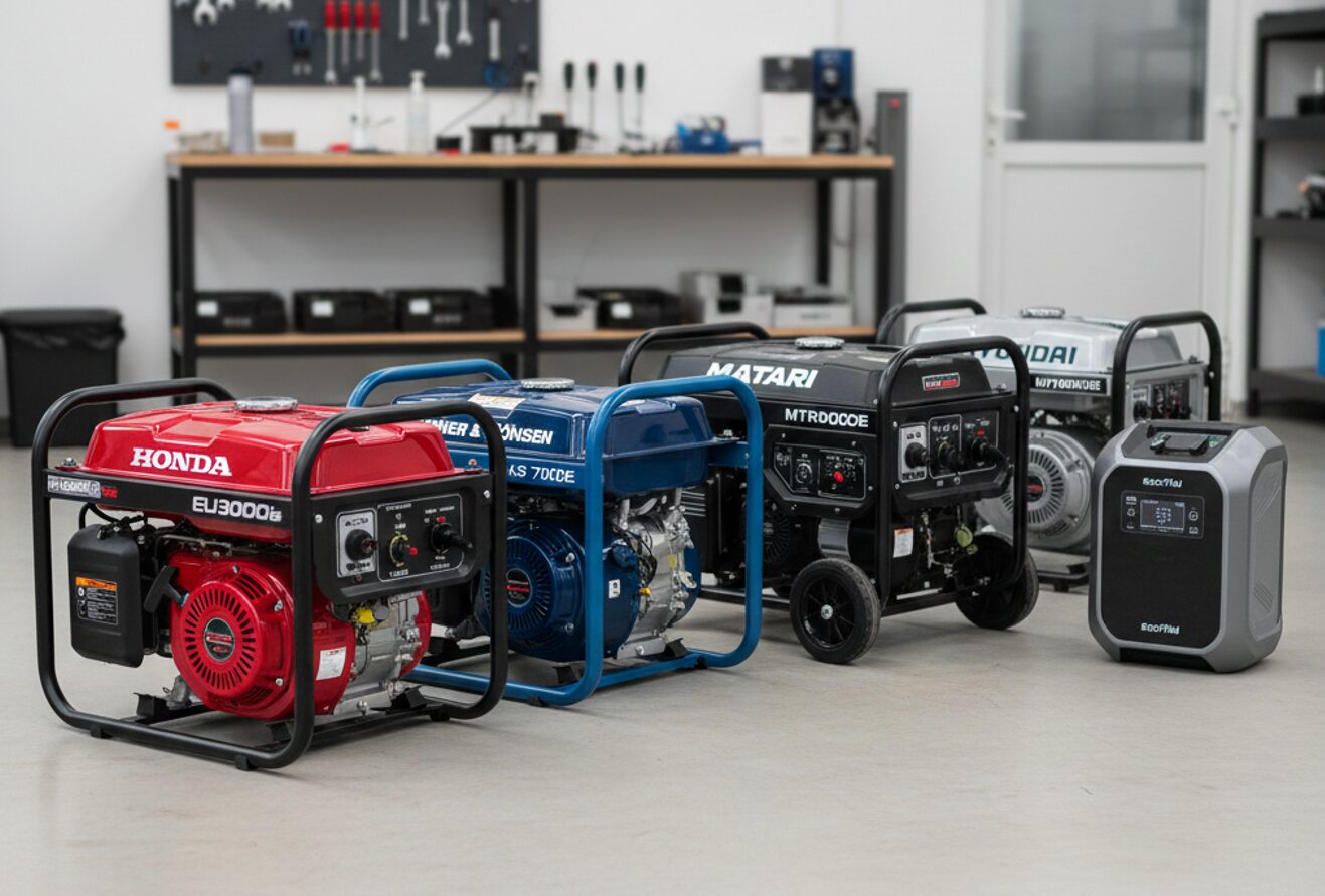 Різні моделі бензинових генераторів Honda, Konner & Sohnen, Matari та Hyundai у світлому приміщенні сервісного центру, інструменти на фоні.