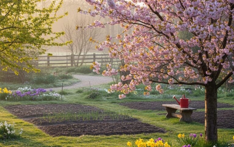 Березневий сад на світанку: доглянуті грядки, квітучі дерева та перші весняні квіти на фоні сонячного світла.