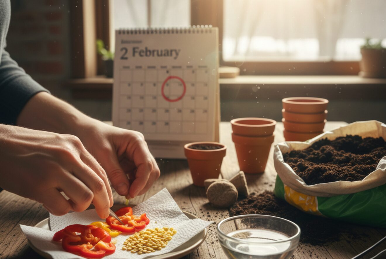 Процес підготовки насіння солодкого перцю до посіву на розсаду: насіння на серветці, склянка води, горщики для розсади та календар на лютий на дерев'яному столі.